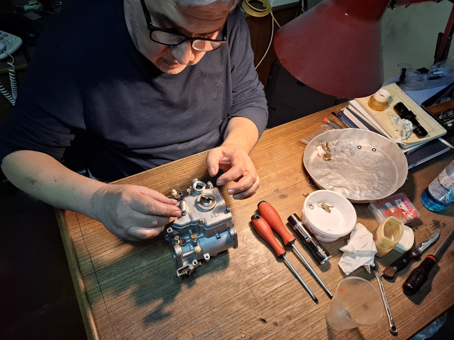Working on the carbs at the desk, 13 April