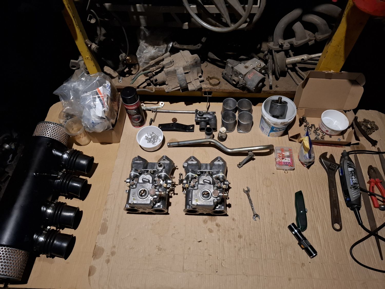 Carbs and parts on the bench, 15 April