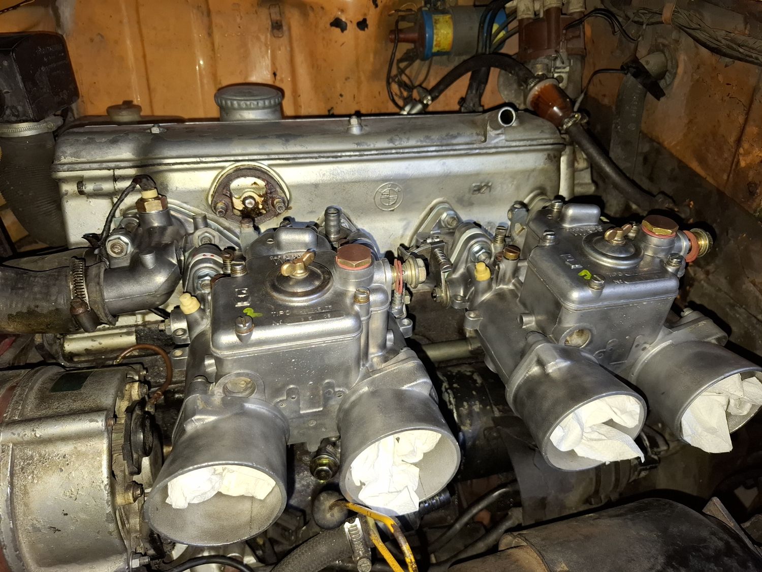 Carbs fitted, trumpets covered